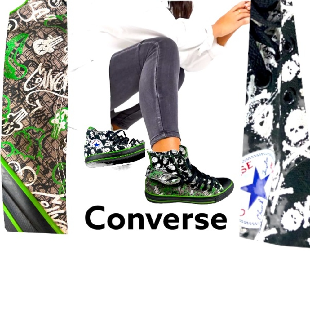 Converse shoes sneakers boots high top green white black fashion skull